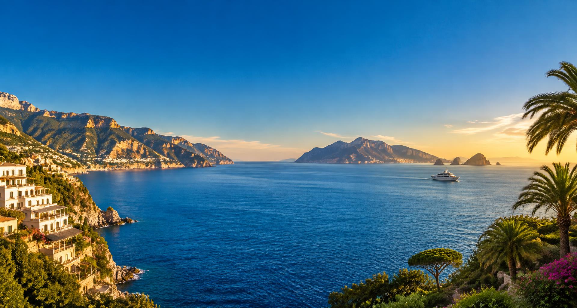 Mediterranean villas overlooking the blue ocean at sunset